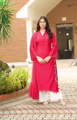 Pink hand embroidery art silk stitched asymmetrical  palazzo kurta & dupatta  1