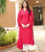 Pink hand embroidery art silk stitched asymmetrical  palazzo kurta & dupatta 