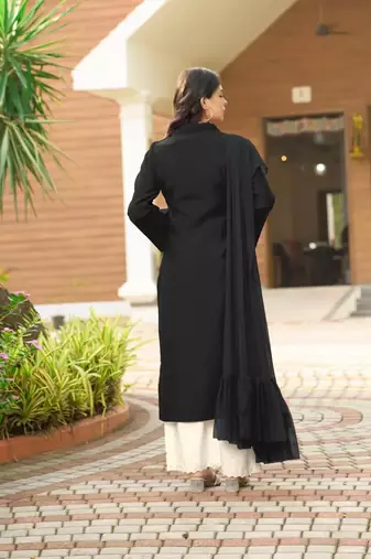 Black hand embroidery art silk stitched asymmetrical  palazzo kurta & dupatta 