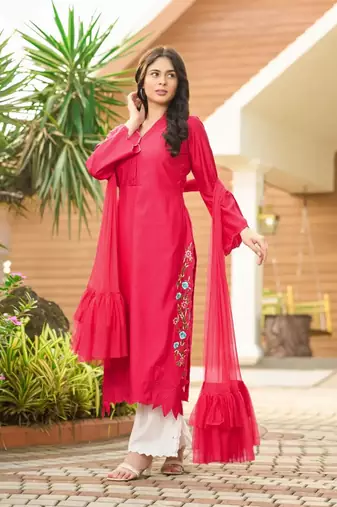 Pink hand embroidery art silk stitched asymmetrical  palazzo kurta & dupatta 