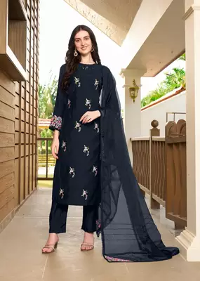 Navy-blue hand embroidery art silk stitched straight cut trouser kurta & dupatta  1