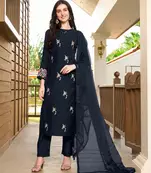 Navy-blue hand embroidery art silk stitched straight cut trouser kurta & dupatta 