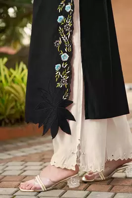 Black hand embroidery art silk stitched asymmetrical  palazzo kurta & dupatta  5