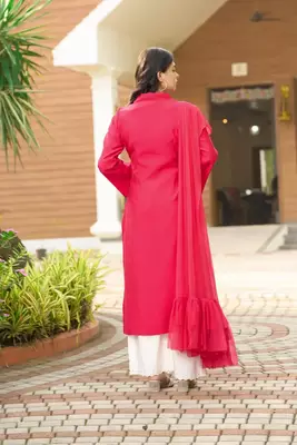 Pink hand embroidery art silk stitched asymmetrical  palazzo kurta & dupatta  4