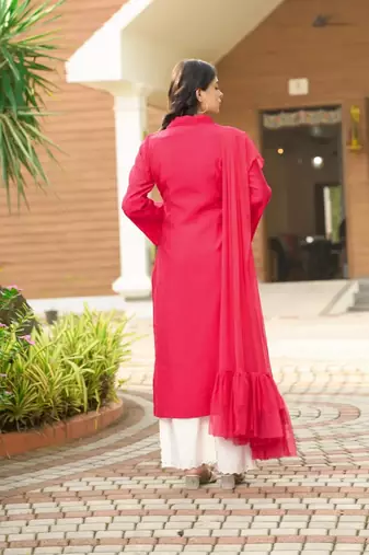 Pink hand embroidery art silk stitched asymmetrical  palazzo kurta & dupatta 