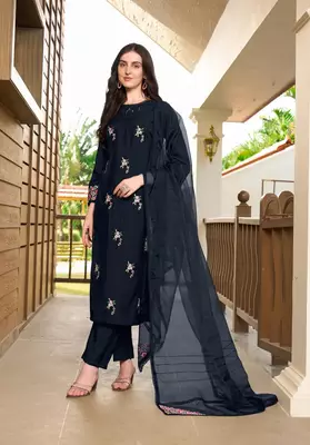 Navy-blue hand embroidery art silk stitched straight cut trouser kurta & dupatta  3