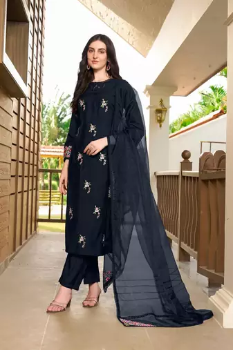 Navy-blue hand embroidery art silk stitched straight cut trouser kurta & dupatta 