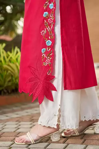 Pink hand embroidery art silk stitched asymmetrical  palazzo kurta & dupatta 