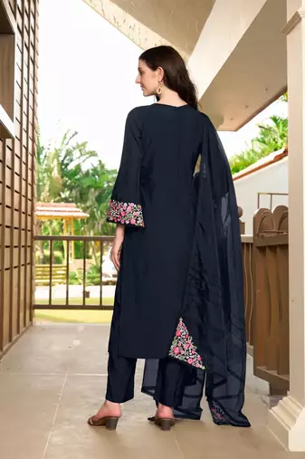 Navy-blue hand embroidery art silk stitched straight cut trouser kurta & dupatta 