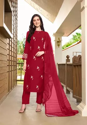 Maroon hand embroidery art silk stitched straight cut trouser kurta & dupatta  1