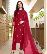 Maroon hand embroidery art silk stitched straight cut trouser kurta & dupatta 