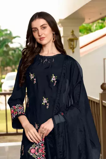 Navy-blue hand embroidery art silk stitched straight cut trouser kurta & dupatta 