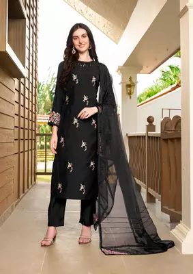 Black hand embroidery art silk stitched straight cut trouser kurta & dupatta  1