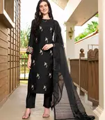Black hand embroidery art silk stitched straight cut trouser kurta & dupatta 