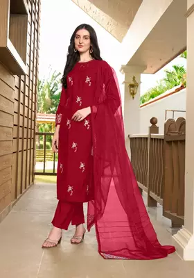 Maroon hand embroidery art silk stitched straight cut trouser kurta & dupatta  3