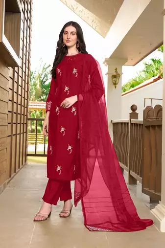 Maroon hand embroidery art silk stitched straight cut trouser kurta & dupatta 