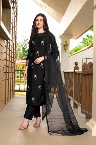 Black hand embroidery art silk stitched straight cut trouser kurta & dupatta 