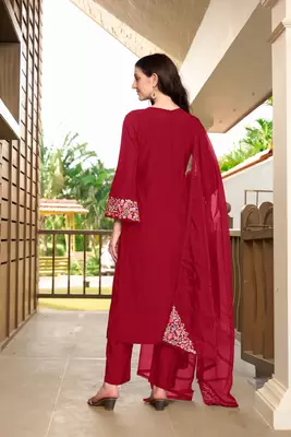 Maroon hand embroidery art silk stitched straight cut trouser kurta & dupatta  4