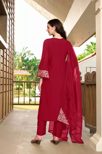 Maroon hand embroidery art silk stitched straight cut trouser kurta & dupatta 