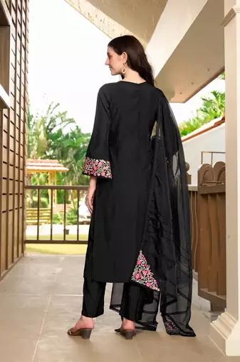 Black hand embroidery art silk stitched straight cut trouser kurta & dupatta 