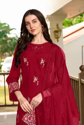 Maroon hand embroidery art silk stitched straight cut trouser kurta & dupatta  5