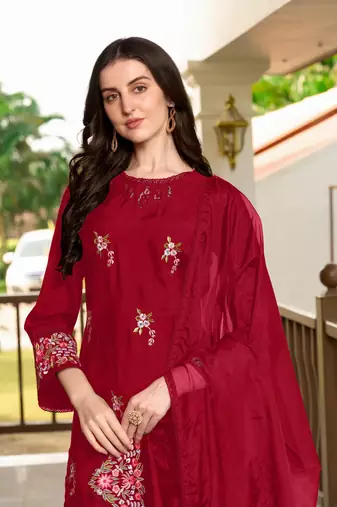 Maroon hand embroidery art silk stitched straight cut trouser kurta & dupatta 