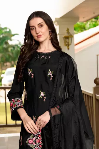 Black hand embroidery art silk stitched straight cut trouser kurta & dupatta 