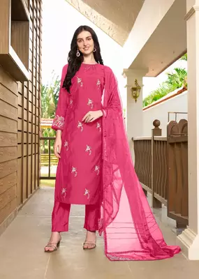 Pink hand embroidery art silk stitched straight cut trouser kurta & dupatta  1