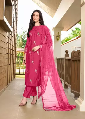 Pink hand embroidery art silk stitched straight cut trouser kurta & dupatta  3