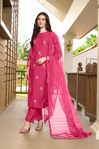 Pink hand embroidery art silk stitched straight cut trouser kurta & dupatta 
