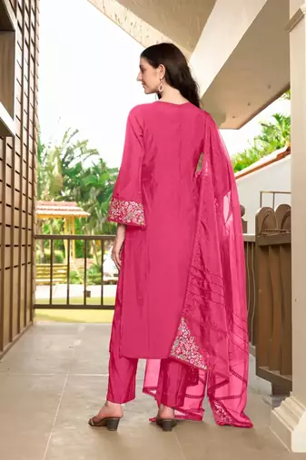 Pink hand embroidery art silk stitched straight cut trouser kurta & dupatta 