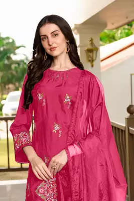 Pink hand embroidery art silk stitched straight cut trouser kurta & dupatta  5