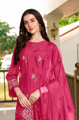 Pink hand embroidery art silk stitched straight cut trouser kurta & dupatta 