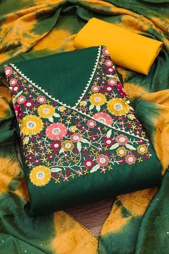 Women's green unstitched fancy multi thread embroidery magic slub dress material 