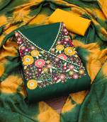 Women's green unstitched fancy multi thread embroidery magic slub dress material 