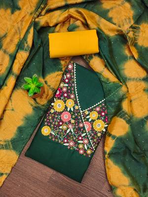 Women's green fancy multi thread embroidery magic slub dress material 4