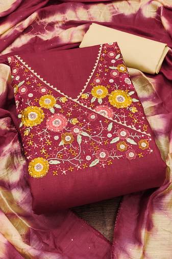 Women's maroon unstitched fancy multi thread embroidery magic slub dress material 