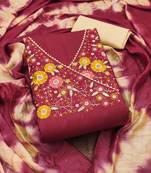 Women's maroon unstitched fancy multi thread embroidery magic slub dress material 