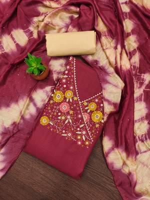 Women's maroon fancy multi thread embroidery magic slub dress material 4