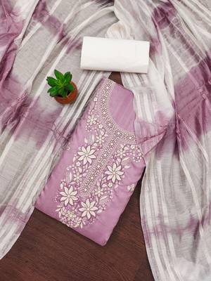 Women's levender sequence embroidery zora silk cotton dress material 4