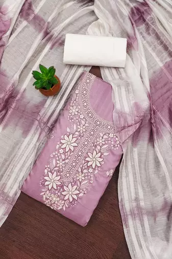 Women's levender sequence embroidery zora silk cotton dress material