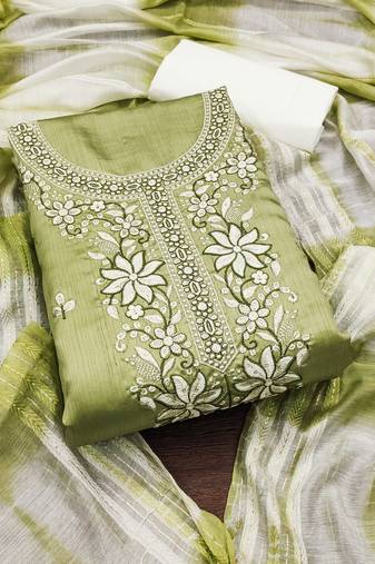Women's light green unstitched sequence embroidery zora silk cotton dress material 