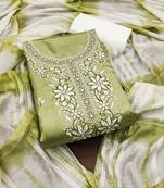 Women's light green unstitched sequence embroidery zora silk cotton dress material 
