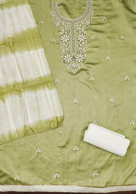 Women's light green sequence embroidery zora silk cotton dress material 2