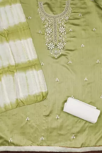Women's light green sequence embroidery zora silk cotton dress material