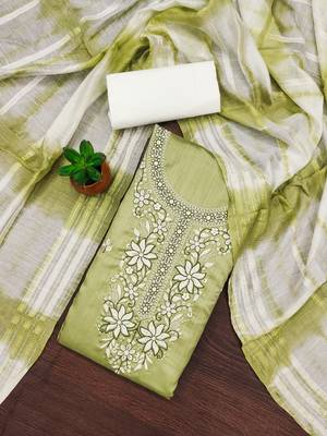 Women's light green sequence embroidery zora silk cotton dress material 4