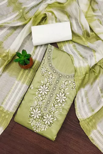 Women's light green sequence embroidery zora silk cotton dress material