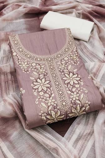 Women's purple unstitched sequence embroidery zora silk cotton dress material 