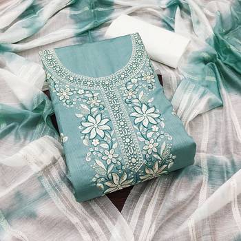 Women's sea green sequence embroidery zora silk cotton dress material 1