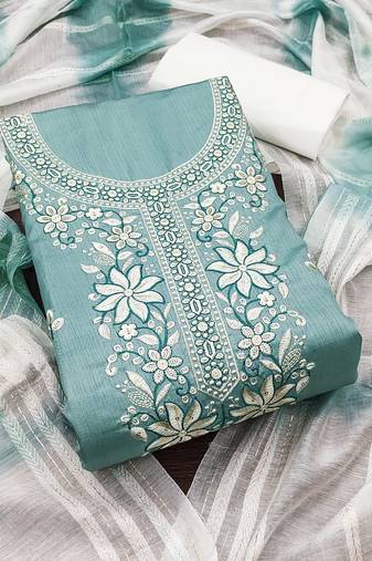 Women's sea green unstitched sequence embroidery zora silk cotton dress material 
